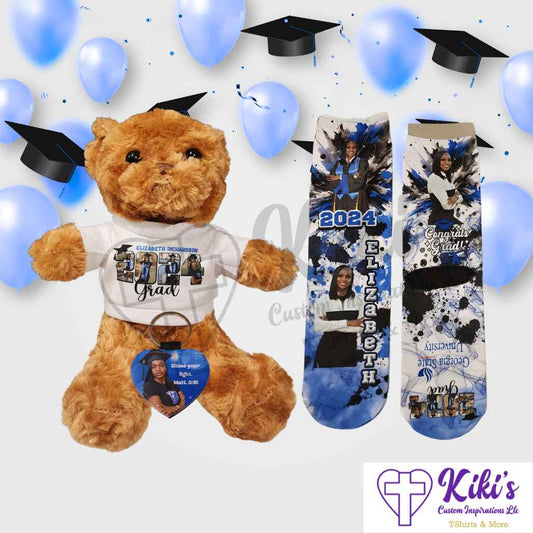 Personalized Grad Gift Bundle with Keychain, Socks, & Teddy Bear