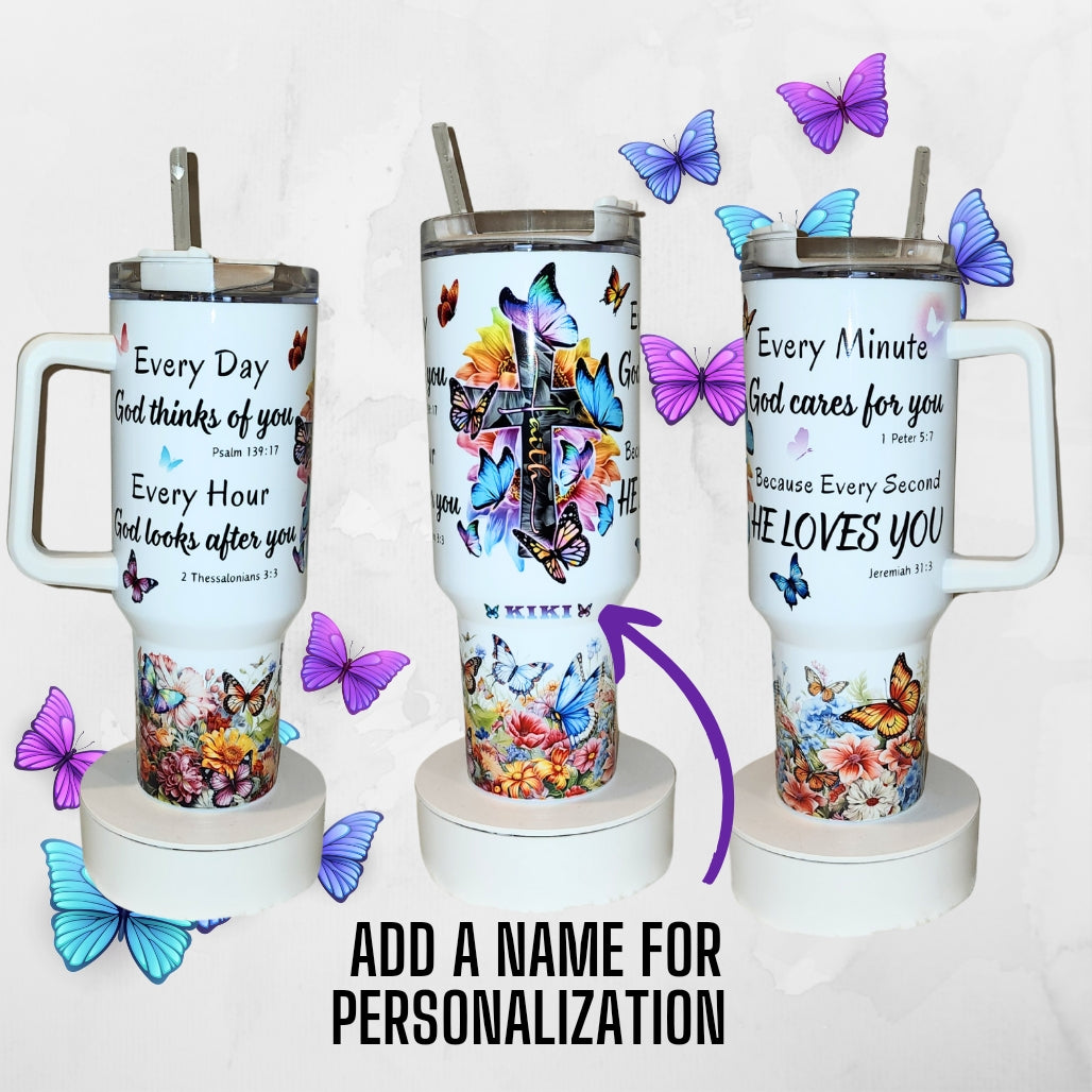 Personalized Inspirational 40oz Tumbler with Scriptures and Butterflies